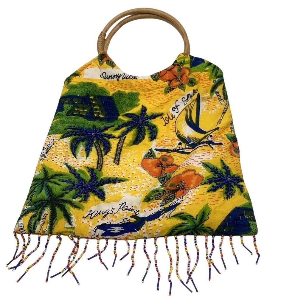 Tropical Parrot Bag Yellow Top Handle Bamboo Fringe Beaded Accents
